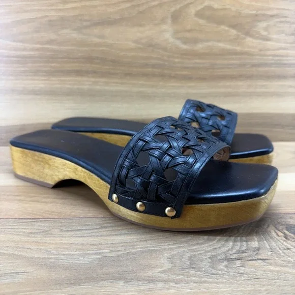 Tory Burch Basketweave Wooden Slides Womens 10.5 M Black Leather Slip On Clog - Picture 2 of 11